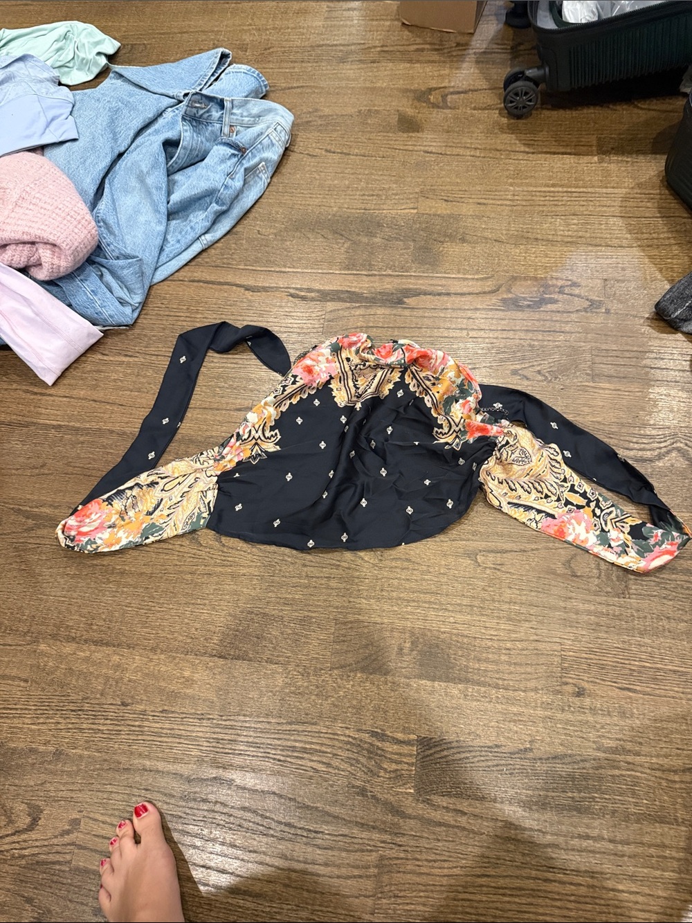Floral-Trim Black Bandeau Top